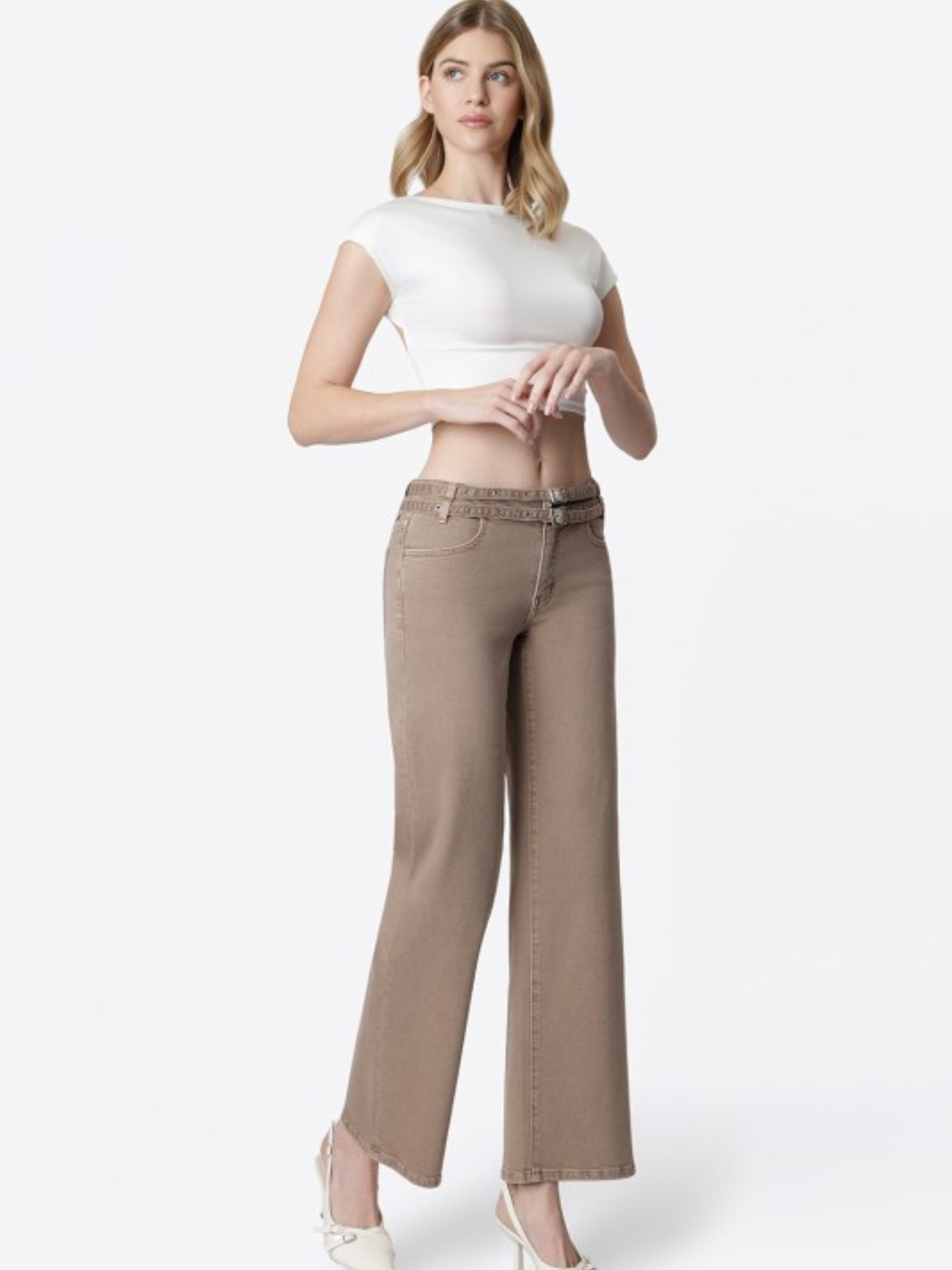 Double Belt Wide Leg Low Rise Denim