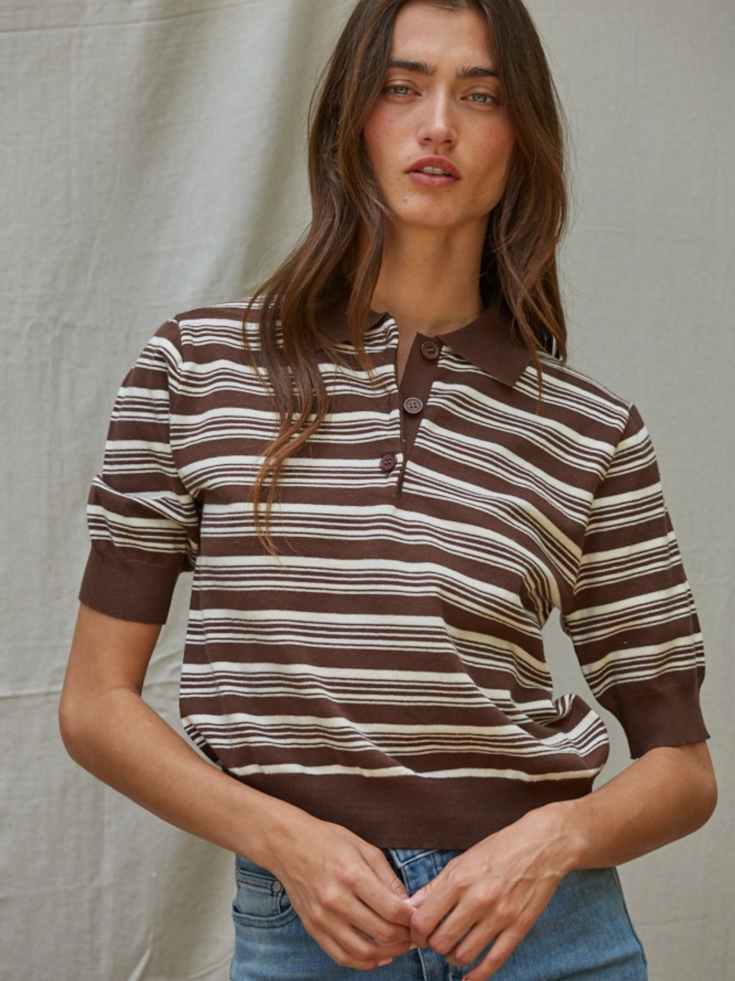 Mimi & Rae I Brown Striped Knit Half Button Polo