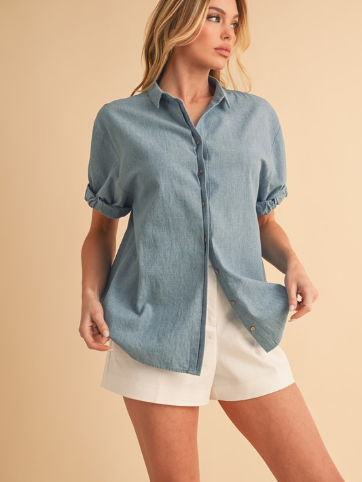 Blue denim button-up shirt by Aemi + Co, featuring classic collar and button front, casual and versatile apparel.