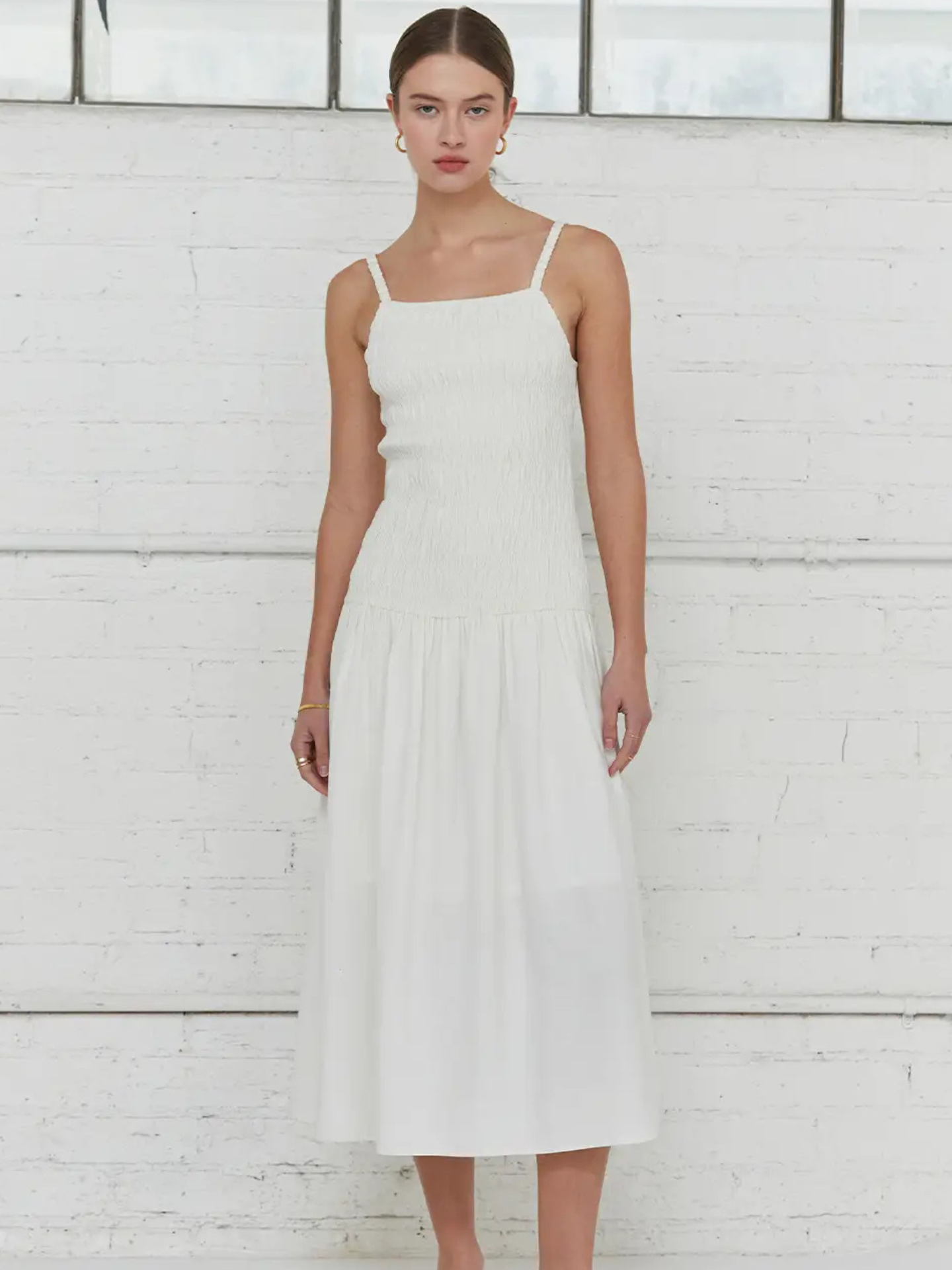 White Crescent smocked body dress for women, XS size, featuring a fitted bodice and stylish design, perfect for casual or dressy occasions.
