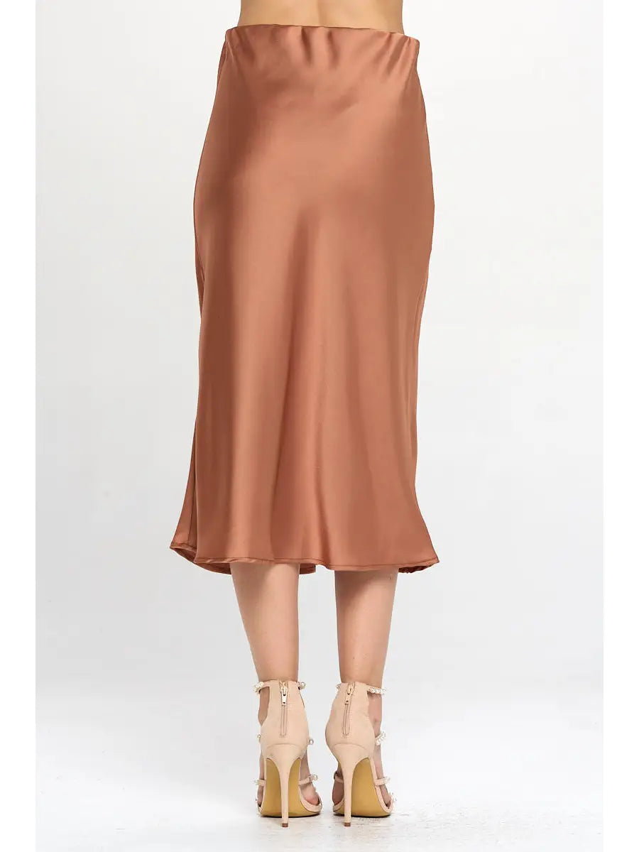 Solid Satin Midi Skirt in Cinnamon