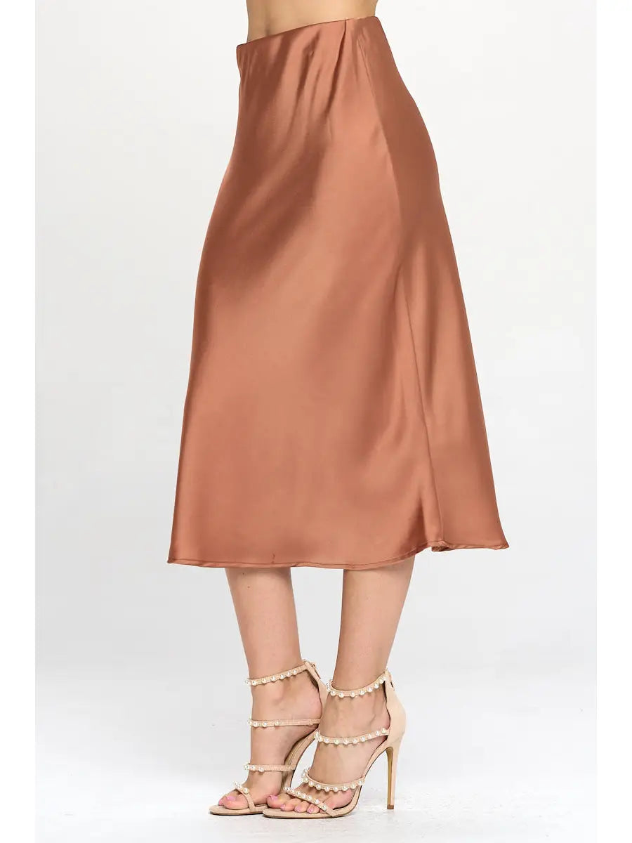 Solid Satin Midi Skirt in Cinnamon