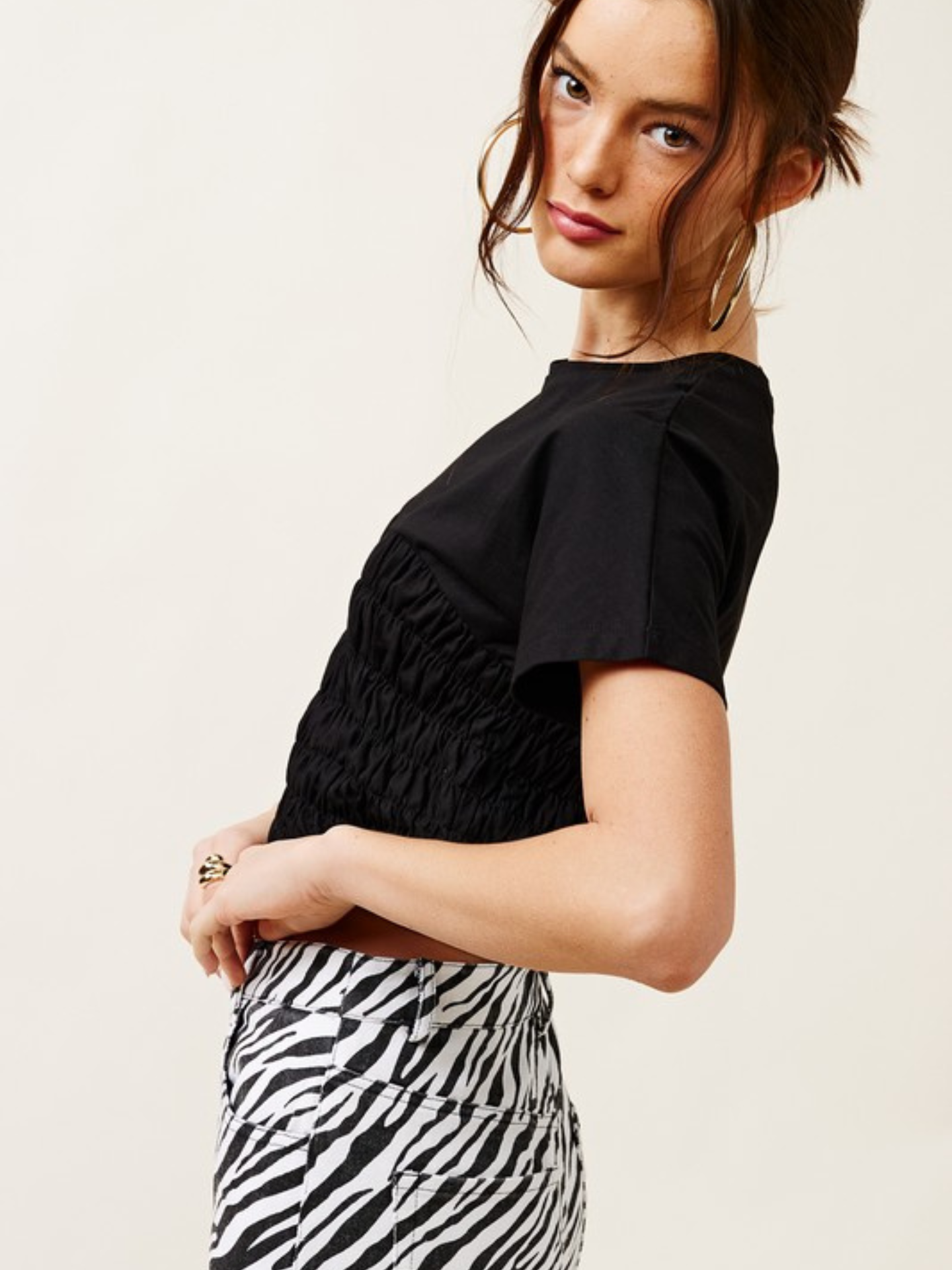 White June Ruched Waist Tee by Mimi & Rae, casual women's top with ruched details and a comfortable fit.