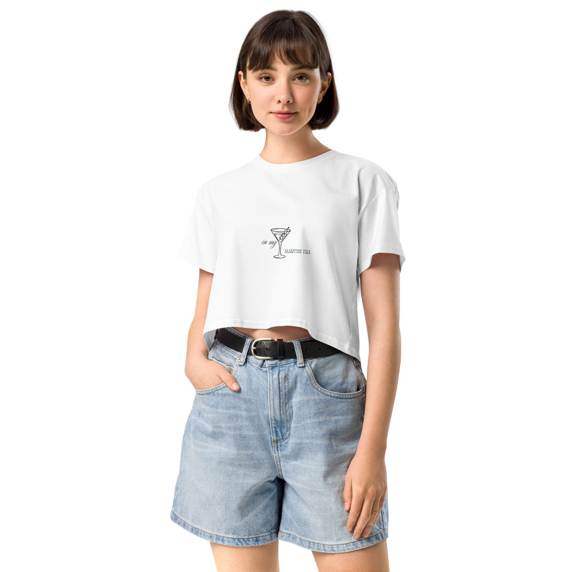 Ecru Martini Tee by Mimi & Rae displayed on a model, featuring a casual fit with short sleeves and a round neckline.