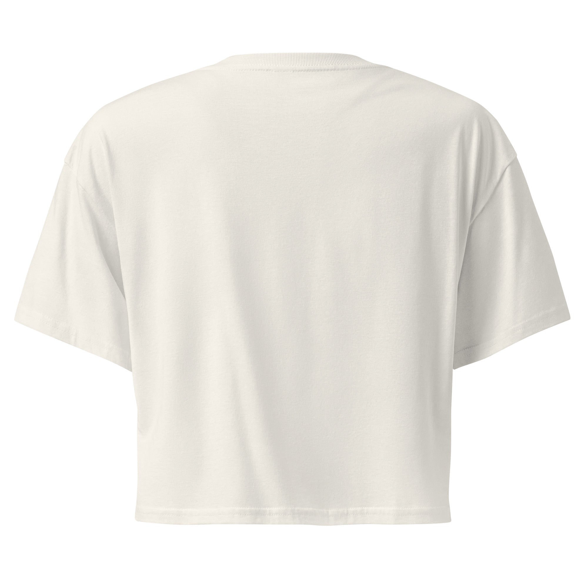 Ecru women's crop top "Martini Tee" by Mimi & Rae, shown from the back with short sleeves and casual style.
