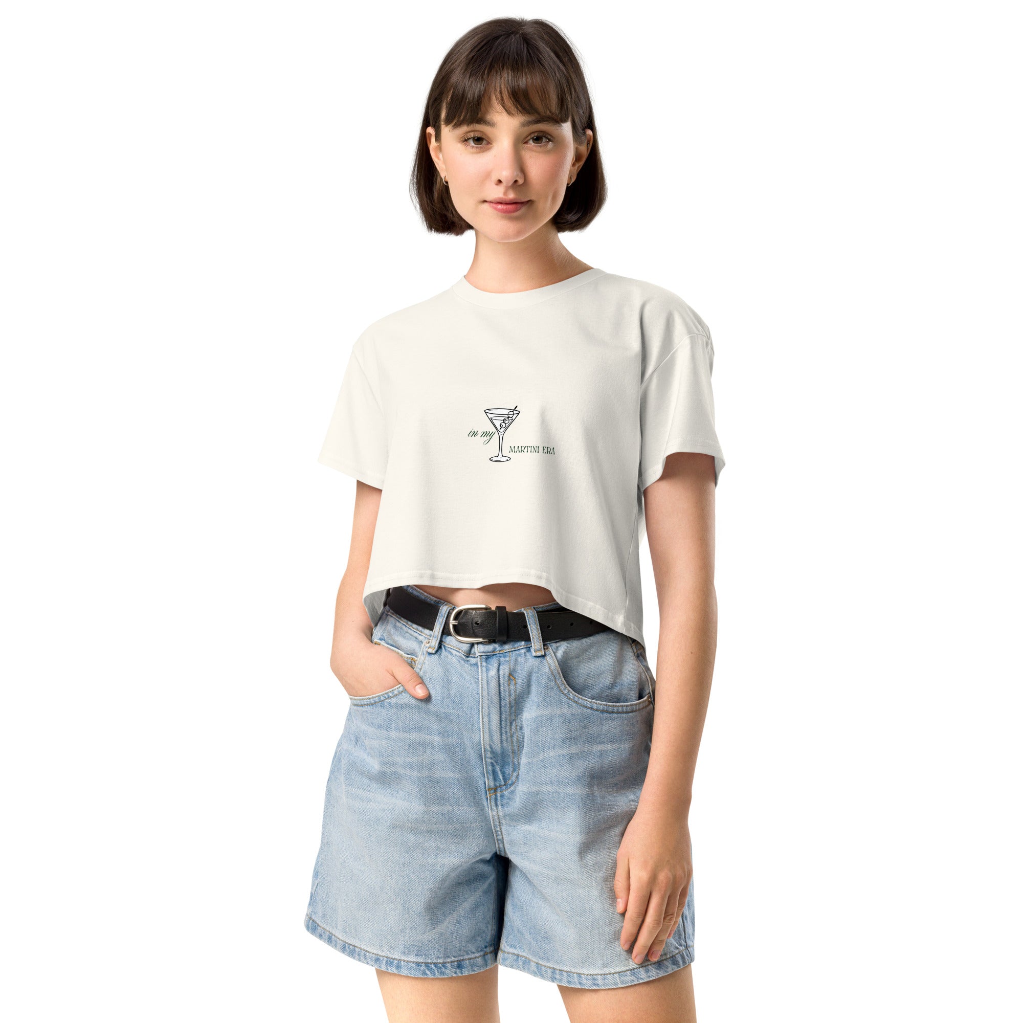 Ecru women's crop top called Martini Tee by Mimi & Rae, shown from the front with a fitted, casual style.