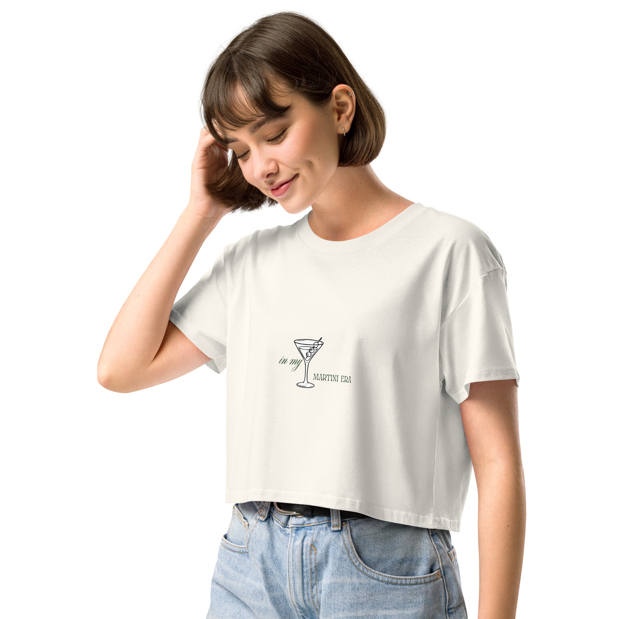Ecru women's crop top called Martini Tee by Mimi & Rae, shown from the left front with a fitted style and short sleeves