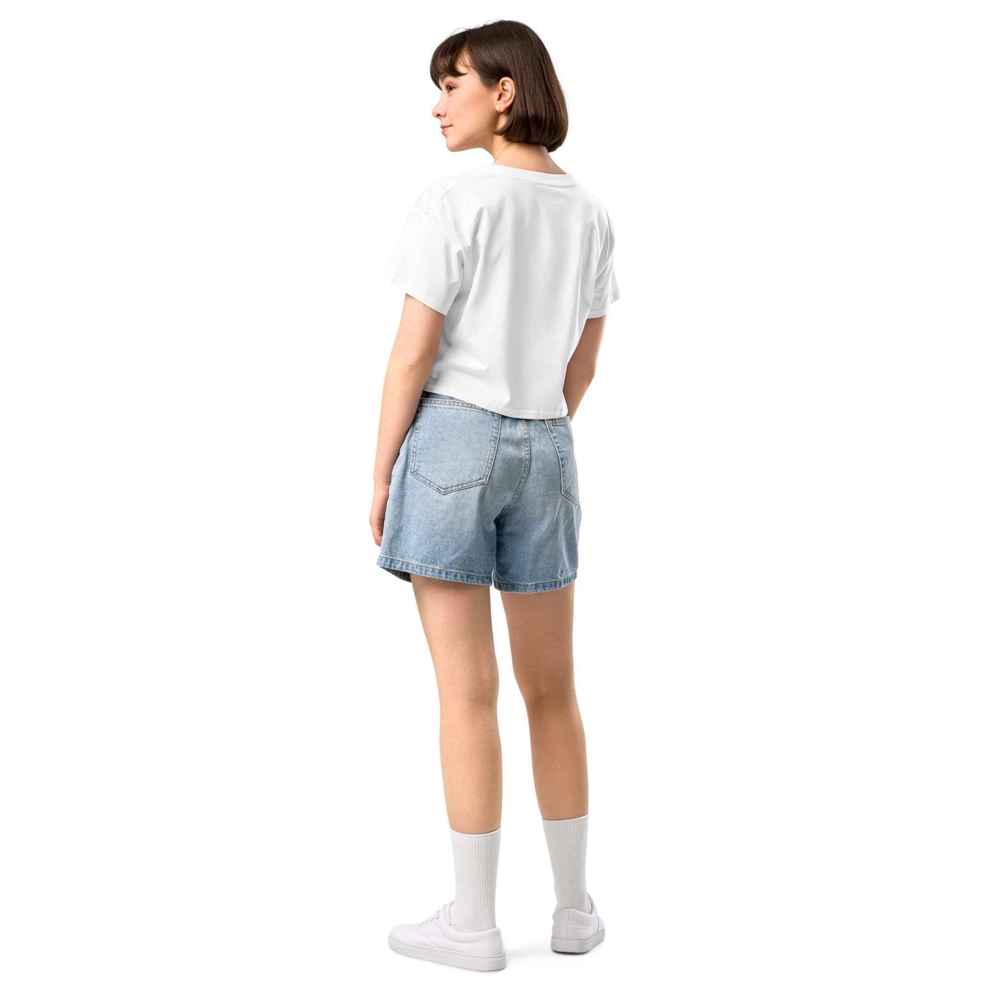 White women's crop top "Martini Tee" by Mimi & Rae, shown from the back with a relaxed fit and stylish design.