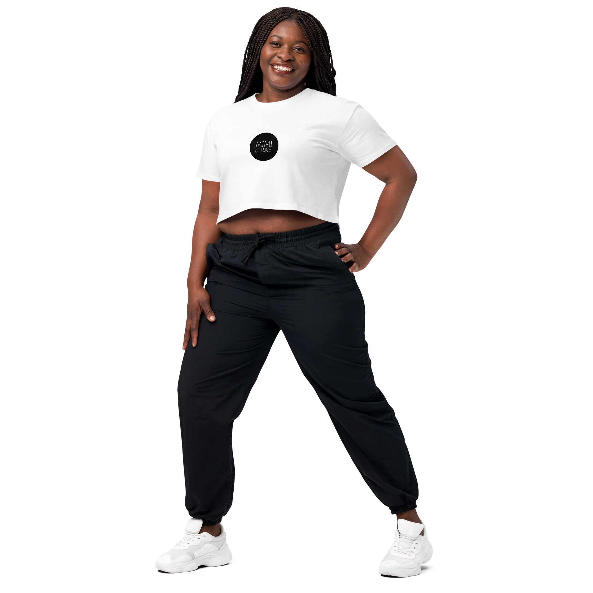 White women's crop top with Mimi & Rae logo print, front view showing stylish casual apparel for women.