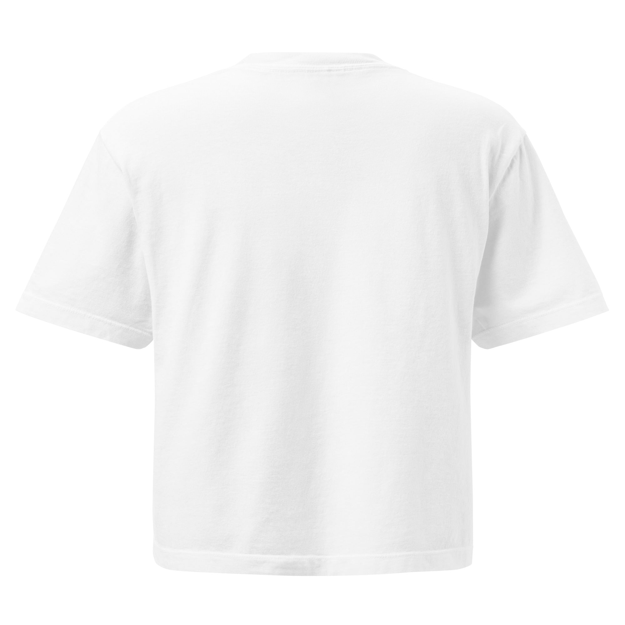 White women's heavyweight boxy T-shirt featuring a palm tree design on the back, by Mimi & Rae.