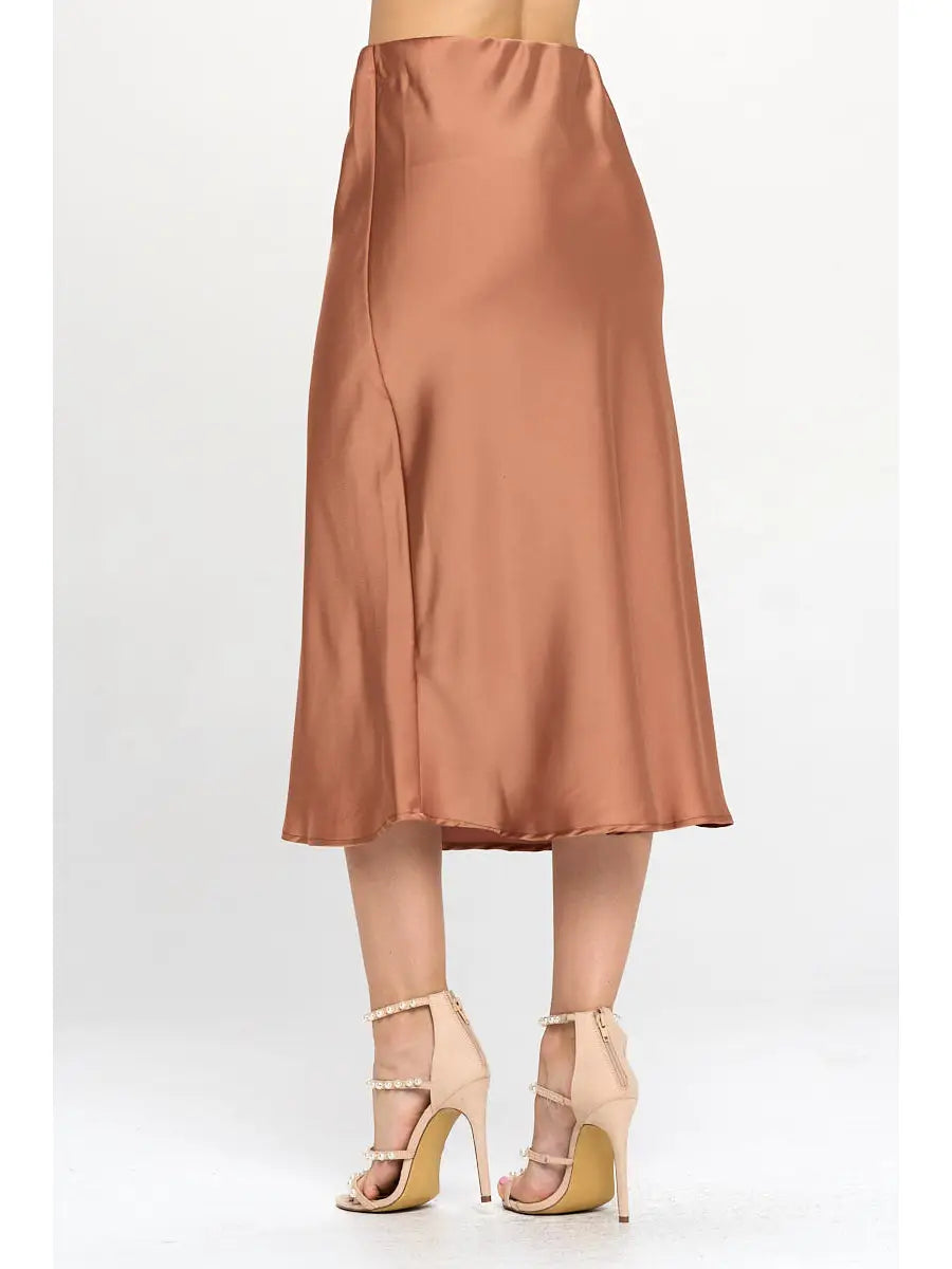 Solid Satin Midi Skirt in Cinnamon