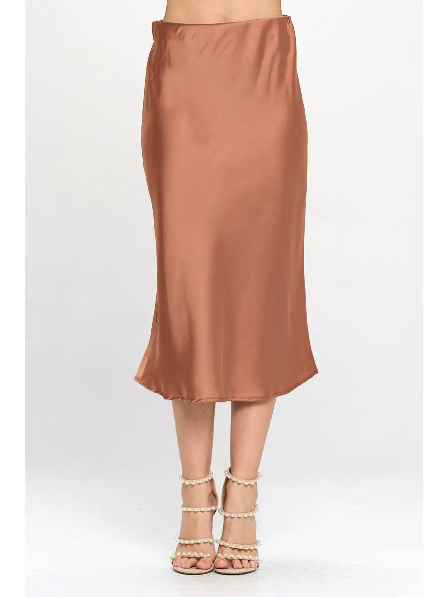 Solid Satin Midi Skirt in Cinnamon