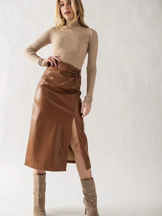 Vegan Leather Side Slit Midi Skirt