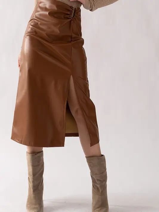 Vegan Leather Side Slit Midi Skirt