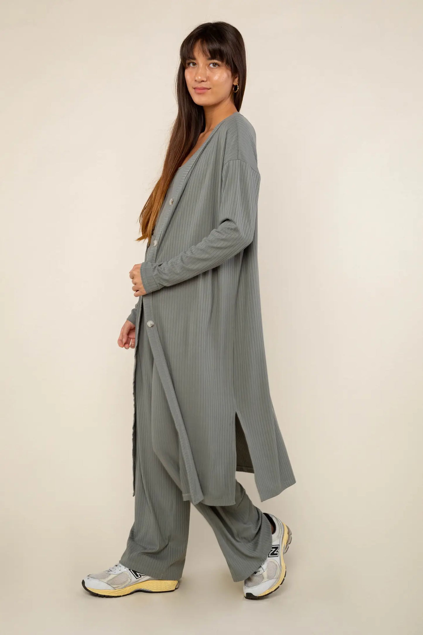 Long Ribbed Cardigan in Sage