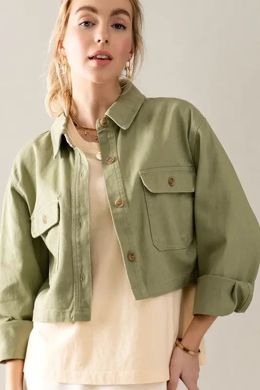 Cropped Denim Jacket in Green